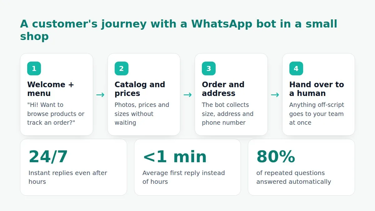 Diagram of a customer's journey with a WhatsApp chatbot in a small shop: welcome and menu, catalog and prices, order capture, handover to a human